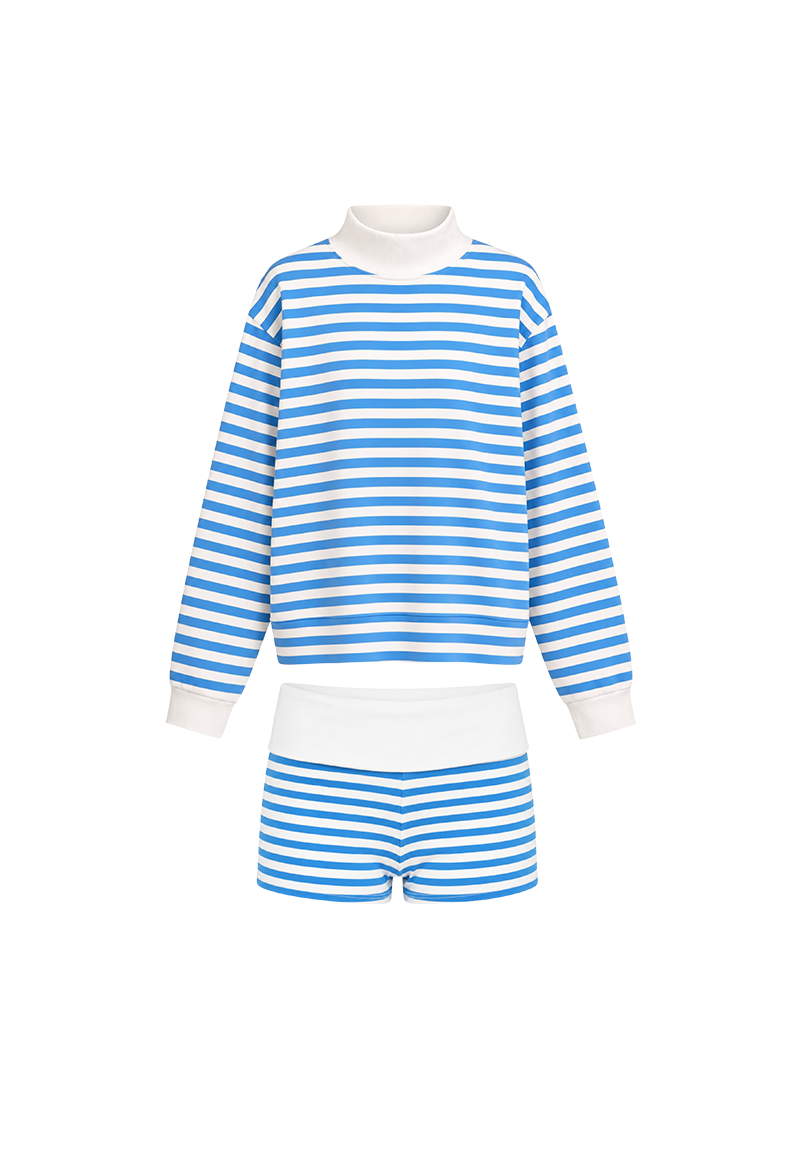 Stripe Mock Neck Foldover Shorts Set