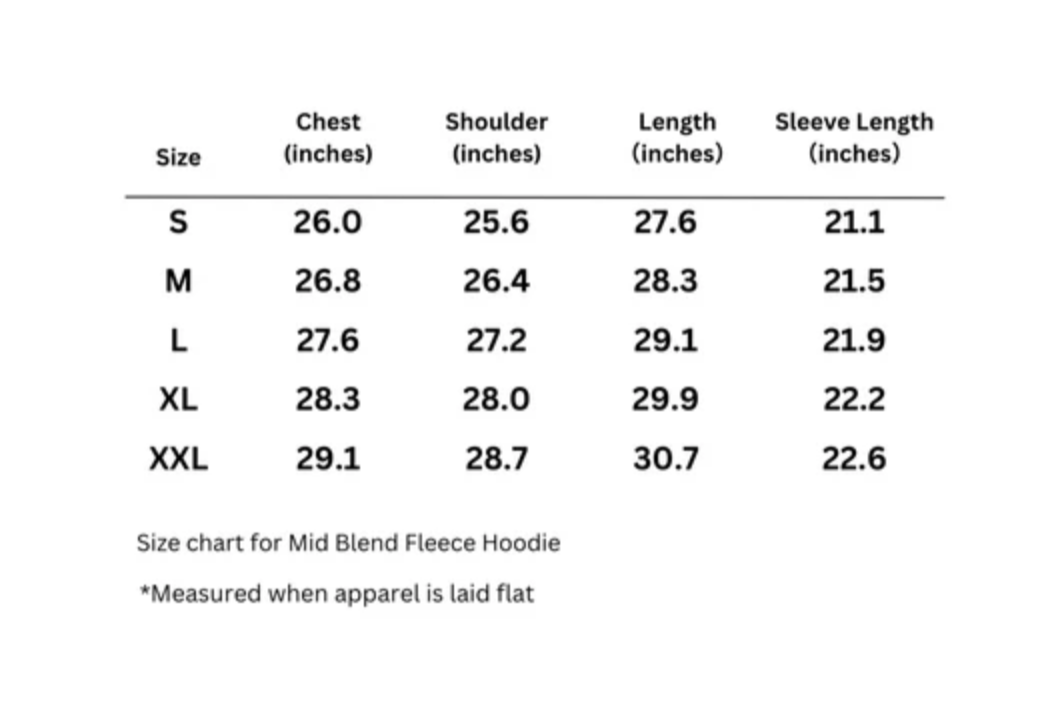 Hoodie size chart