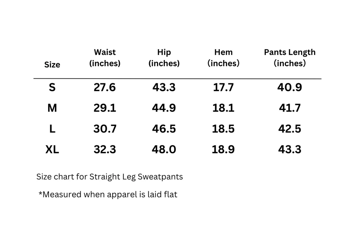 Sweatpants size chart