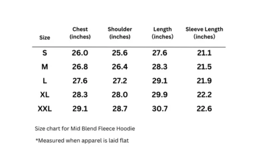 Hoodie size chart